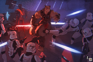 action_pose action_scene battle empire_(star_wars) holding_lightsaber hologram inside lightsaber machine male melee_weapon muscular muscular_male pose red_lightsaber reverse_grip sith sith_lord space spacecraft stormtrooper tie_fighter vehicle weapon nexus empire star_wars empire_(character) k-2so ricius_teck cougar felid feline kx-series_security_droid mammal robot hi_res