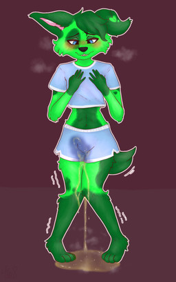 4_toes 5_fingers anthro biped black_eyebrows black_eyeliner black_nose blue_clothing blue_eyes blush blush_lines blushing_profusely bodily_fluids bottomwear breath cheek_tuft clothed clothing crop_top embarrassed eyebrows eyelashes eyeliner facial_markings facial_tuft feet femboy fingers floppy_ears flustered folded_ears fur genital_fluids green_body green_fur green_markings green_spots head_markings heart_(marking) hotpants light makeup male markings midriff navel panting peeing pink_inner_ear plantigrade pupils shaking shirt shorts simple_background slim smile solo spots spotted_body tail teeth toes topwear trembling tuft urine urine_drip urine_on_foot urine_on_ground urine_on_leg urine_on_self urine_pool urine_stream watersports wet wet_bottomwear wet_clothing wetting twinkworshiper8 canid canine canis domestic_dog mammal 2025 5:8 colored digital_drawing_(artwork) digital_media_(artwork) hi_res lighting shaded signature