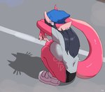 anthro beanie big_breasts biped black_hair bottomwear breast_squish breasts clothed clothing crouching detailed_background female fingers footwear hair hat headgear headwear horn pink_body shadow shoes solo squish topwear buta99 mythology lady_deg_(buta99) dragon mythological_creature mythological_scalie scalie absurd_res hi_res meme