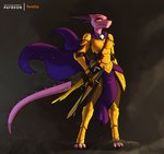 abstract_background accessory anthro armor backpack bag billowing_cape breasts cape clothing dust_cloud female furgonomics horn looking_at_viewer melee_weapon non-mammal_breasts pink_body potion solo sword tail tail_accessory tail_bag thick_thighs three-quarter_view vial walking_cane weapon wide_hips yellow_eyes feretta marun_(reaperonico) kobold scalie hi_res