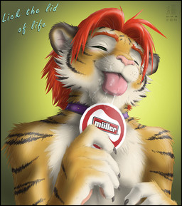 anthro belly biped black_body black_claws black_fur black_stripes blush bodily_fluids caption claws collar collar_only countershading dairy_products eyebrows eyes_closed food fur gradient_background green_background green_eyes hair happy holding_object humanoid_hands humor male multicolored_body multicolored_fur nude orange_body orange_fur pink_nose pink_tongue red_hair saliva saliva_string simple_background smile solo standing striped_body striped_fur stripes suggestive text tongue tongue_out whiskers white_belly white_body white_fur yogurt zenthetiger muller_(copyright) joshua_(zenthetiger) felid mammal pantherine tiger 2008 digital_media_(artwork) english_text half-length_portrait portrait shaded