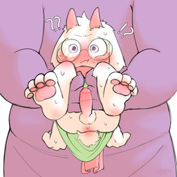 4_toes ambiguous_gender anthro anus balls barefoot blush bodily_fluids bottomless clothed clothing duo erection feet genitals hindpaw ineffective_censorship interrobang male pawpads paws penis question_mark shota size_difference soles sweat toes young young_anthro noubott deltarune undertale_(series) ralsei bovid caprine mammal 1:1 censored hi_res