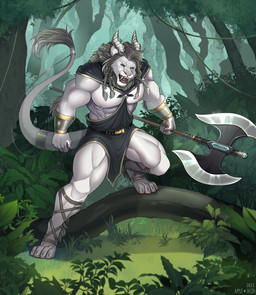 anthro armor axe battle_axe belt bracers braided_hair cloak clothing forest fur hair horn male muscular nipple_piercing nipples open_mouth outside piercing plant solo tail text tree white_body white_fur apple-faced mythology isaiah_(jrbn1) dragon felid hybrid lion mammal mythological_creature mythological_scalie pantherine scalie english_text hi_res