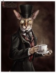 5_fingers :3 anthro beverage biped black_bottomwear black_clothing black_topwear border bottomwear brown_background brown_body brown_fur claws clothed clothing container cravat cup eyewear fingers front_view fur gentleman hairless hat headgear headwear holding_container holding_cup holding_object humanoid_hands looking_at_viewer male monocle pink_nose red_clothing red_topwear simple_background solo standing steam suit tea textured_background top_hat topwear whiskers white_border yellow_eyes redcoatcat cornish_rex domestic_cat felid feline felis mammal rex_(cat) 2012 half-length_portrait portrait traditional_media_(artwork) watermark