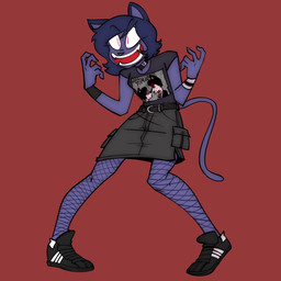 anthro belt biped black_clothing black_footwear black_shirt black_shoes black_topwear bottomwear clothed clothed_anthro clothed_female clothing female fishnet_clothing fishnet_legwear footwear fur hair legwear open_mouth open_smile purple_body purple_fur purple_hair red_background shirt shoes simple_background skirt smile solo standing tail teeth topwear white_sclera kimberco my_chemical_romance three_cheers_for_sweet_revenge seraphinxa_(kimberco) domestic_cat felid feline felis mammal 1:1 hi_res