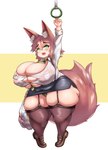 animal_humanoid areola areola_outline areola_visible_through_clothing belly big_breasts big_tail blush blush_lines breasts brown_hair camel_toe canid canid_humanoid canine canine_humanoid cleavage clothed clothing fangs female fox_humanoid green_eyes groceries grocery_bag hair hi_res huge_breasts huge_thighs humanoid legwear mammal mammal_humanoid office_clothing open_mouth panties renee_(requinn) requinn short_hair short_stack simple_background slightly_chubby slightly_chubby_female slightly_chubby_humanoid solo standing stockings tail teeth thick_thighs train underwear vehicle wardrobe_malfunction