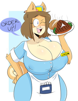 anthro beef big_breasts blue_eyes blush blush_lines bread breasts brown_hair buckteeth cleavage clothed clothed_anthro clothed_female clothing curvy_figure dialogue exclamation_point eyebrow_through_hair eyebrows female food fully_clothed fully_clothed_anthro fully_clothed_female fur hair hand_on_hip happy heart_symbol huge_breasts lettuce meat name_tag nipple_outline one_eye_closed open_mouth open_smile pencil_in_hair plant plate smile solo steak tail tan_body tan_fur teeth text thick_thighs translucent translucent_hair vegetable voluptuous voluptuous_anthro voluptuous_female waiter waitress_uniform wide_hips wink jinu june_(jinu) canid canine canis domestic_dog mammal shiba_inu spitz 2018 character_name digital_drawing_(artwork) digital_media_(artwork) english_description english_text half-length_portrait hi_res portrait