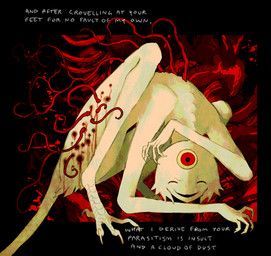 3_eyes abstract_background ambiguous_gender ambiguous_humanoid blood bodily_fluids eyes_closed feathers feet hole_in_leg horror_(theme) multi_eye open_mouth open_smile red_eyes scutes smile solo surrealism tail talons tan_body tan_feathers text toes trypophobia white_text yellow_body yellow_feathers yellow_sclera yellow_tail jejejunum humanoid monster monstrous_humanoid 2026 english_text