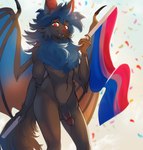 anthro balls bisexual_pride_colors blue_body blue_fur blue_hair blue_wings confetti fangs flag flag_(object) fur genitals grey_body grey_fur hair holding_flag holding_object lgbt_pride looking_at_viewer male membrane_(anatomy) membranous_wings nude penis pride_color_flag pride_colors red_eyes teeth wings mukansin vin_the_bat bat mammal hi_res