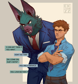 anthro clothed clothing duo fangs fur male size_difference teeth text ekzonzz dispatch robert_robertson_(dispatch) sonar_(dispatch) bat human humanoid hybrid mammal absurd_res english_text hi_res