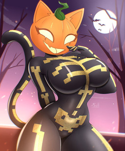 anthro big_breasts bone breasts cat_tail clothing curvy_figure detailed_background female food fruit glowing glowing_eyes glowing_mouth holidays hourglass_figure no_pupils plant pumpkin skeleton solo tail thick_thighs tight_clothing sulldfox epic_games fortnite halloween spice_(fortnite) bat felid feline mammal hi_res