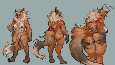 anthro blush breasts female genitals nude presenting presenting_vulva simple_background solo spread_vulva spreading vulva mauvedeer mylena_the_great_red_fox canid canine fox mammal red_fox true_fox 16:9 hi_res model_sheet widescreen
