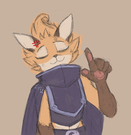 :3 angry anthro brown_body brown_fur buckle cheek_tuft cloak clothing cowl cross-popping_vein eyes_closed facade facial_tuft female fingerpads fur gesture gloves_(marking) hand_gesture markings midriff orange_body orange_fur pawpads paws raised_finger raised_index_finger smile solo tuft chamma_retsuden dungeons_of_aether rivals_of_aether fleet_(dungeons_of_aether) canid canine fox mammal 2026 bust_portrait digital_drawing_(artwork) digital_media_(artwork) hi_res portrait