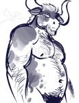 anthro arm_hair beard belly biceps biped body_hair chest_hair empty_eyes facial_hair front_view hair hairy happy_trail horn male musclegut muscular muscular_anthro muscular_male navel nipples nude pecs pubes short_hair simple_background snout solo standing white_background bgn bovid bovine cattle mammal 2014 digital_media_(artwork) greyscale half-length_portrait monochrome portrait signature watermark