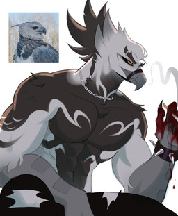 abs anthro beak biceps big_muscles big_pecs black_body black_feather_hair black_feathers black_nails black_sclera blood blood_drip blood_on_cigarette blood_on_clothing blood_on_hand bodily_fluids body_pattern bottomwear bracelet braided_hair chain_necklace chest_markings chest_pattern chest_tuft cigarette clothed clothing colored_nails dripping eyebrow_piercing facial_piercing feather_hair feathers grey_beak grey_hands hair holding_cigarette holding_object jewelry long_nails male markings multicolored_body muscular muscular_anthro muscular_male muzzle_(object) nails necklace orange_eyes pants pecs photo_reference piercing pseudo_hair simple_background sitting smoke solo spiked_bracelet spikes talon_hands topless torn_bottomwear torn_clothing torn_pants trapezius tuft white_background white_body white_feather_hair white_feathers klaus_bloodstein reven_(klaus_bloodstein) accipitrid accipitriform avian bird eagle harpy_eagle 2025 absurd_res hi_res reference_image
