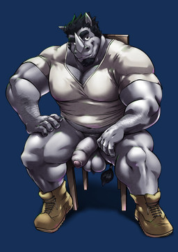 2_horns anthro ball_tuft balls barazoku bedroom_eyes belly biceps black_eyes black_hair body_hair boots bottomless breasts brown_boots brown_clothing brown_footwear chair chest_hair cleavage clothed clothing facial_hair facial_horn footwear foreskin furniture genitals goatee grey_body grey_skin hair hairy horn huge_eyebrows leg_hair looking_at_viewer male mature_male midriff muscular muscular_anthro muscular_male narrowed_eyes navel nose_horn on_chair overweight pecs penis pubes seductive shirt shoes sitting sitting_on_chair smile solo tail tail_tuft thick_penis thick_thighs topwear tuft v-neck white_clothing white_shirt white_topwear markwulfgar extracurricular_activities richard_(extracurricular_activities) mammal rhinoceros 2023 alpha_channel hi_res