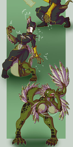 anthro big_breasts breast_expansion breasts claws clothing crouching expansion feather_growth feathers female green_background green_body green_eyes growth hazmat_suit holding_object human_to_anthro looking_down nipple_piercing nipples nude piercing sharp_teeth simple_background solo species_transformation standing surprised tail tail_growth teeth torn_clothing transformation creamyowl human lizard mammal reptile scalie 2023 absurd_res hi_res sequence