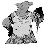 anthro arm_tattoo belly_overhang bite_mark blood blood_on_hand bodily_fluids bottomwear bra bra_strap clothing female fin gills gore head_fin holding_head notched_fin pants severed_body_part severed_head shark_fin shirt shorts simple_background solo sweat sweatdrop sweaty_body tank_top tattoo thick_neck topwear torn_bottomwear torn_clothing torn_shorts underwear white_background white_clothing white_shirt white_tank_top white_topwear kewpiekills fish marine shark undead zombie black_and_white hi_res monochrome signature