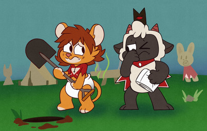 anthro clothed clothing diaper duo feces fur hair male soiled_diaper stink_fumes stink_lines tail unclean_diaper used_diaper wearing_diaper mrvonfuzzlebutt cult_of_the_lamb massive_monster_(studio) lamb_(cult_of_the_lamb) red_crown_(cult_of_the_lamb) bovid caprine felid lion mammal pantherine sheep digital_media_(artwork) hi_res