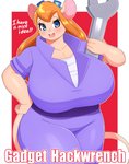 4_fingers anthro big_breasts blue_eyes blush border breasts cleavage clothed clothing curvy_figure dialogue eyelashes female fingers hair hand_on_hip huge_breasts jumpsuit long_hair open_mouth orange_hair solo standing tan_body text thick_thighs tools voluptuous white_border wide_hips wrench braffy chip_'n_dale_rescue_rangers disney gadget_hackwrench mammal mouse murid murine rodent english_text hi_res portrait three-quarter_portrait