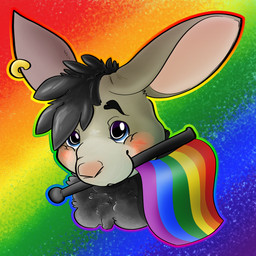 anthro black_hair blue_eyes blush ear_piercing ear_ring flag flag_(object) fur gradient_background grey_body grey_fur hair holding_flag holding_object lgbt_pride looking_at_viewer male mouth_hold object_in_mouth piercing pride_color_background pride_color_flag pride_colors rainbow rainbow_flag rainbow_pride_colors rainbow_pride_flag rainbow_symbol ring_piercing simple_background six-stripe_rainbow_pride_colors smile solo tuft zaverose lagomorph leporid mammal rabbit 1:1 absurd_res digital_media_(artwork) headshot_portrait hi_res portrait