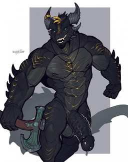 abs anthro axe balls big_penis black_body bodily_fluids dripping erection genital_fluids genitals glans hair horn horn_jewelry horn_ring huge_penis jewelry looking_at_viewer male male_anthro muscular muscular_anthro muscular_male muscular_thighs necklace necklace_only nipple_piercing nipples nude obliques pecs penis piercing precum precum_drip ring_(jewelry) scales simple_background solo ventral_scales deaddragonp mythology dragon mythological_creature mythological_scalie scalie hi_res portrait