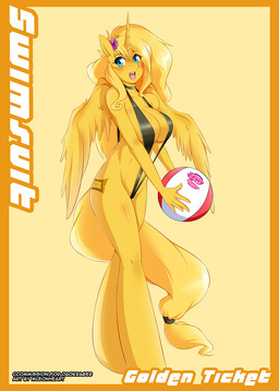 accessory anthro ball big_breasts blue_eyes blush breasts choker cleavage clothed clothing cutie_mark feathered_wings feathers female flower furgonomics hair holding_ball holding_object horn jewelry necklace plant skimpy solo swimwear tail tail_accessory tailband wings mleonheart hasbro my_little_pony mythology fan_character golden_ticket equid equine mammal mythological_creature mythological_equine winged_unicorn digital_media_(artwork) hi_res source_request