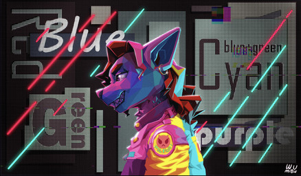 abstract_background ambiguous_anthro ambiguous_gender anthro black_lips blue_body blue_clothing blue_fur blue_glow blue_inner_ear blue_jacket blue_lighting blue_topwear brown_eyebrows brown_hair brown_text button_(fastener) clothed clothed_ambiguous clothed_anthro clothing dotted_background ear_piercing ear_ring eyebrows fangs frowney_face fully_clothed fully_clothed_ambiguous fully_clothed_anthro fur fur_tuft glistening glistening_body glistening_clothing glistening_eyes glistening_face glistening_fur glistening_hair glistening_nose glitch glowing gold_(metal) grin hair jacket lips long_hair looking_offscreen multicolored_body multicolored_clothing multicolored_fur multicolored_jacket multicolored_topwear name_tag neck_tuft patch_(fabric) pattern_background piercing pink_body pink_clothing pink_fur pink_jacket pink_topwear purple_ears purple_eyes red_glow red_lighting ring_piercing scenery screen screen_background sharp_teeth side_swept_bangs side_view simple_background smile solo teeth text text_background topwear tuft voxel_(artwork) white_sclera white_text yellow_clothing yellow_jacket_(clothing) yellow_topwear wumiaow canid canine fox mammal 2022 artist_name colored digital_drawing_(artwork) digital_media_(artwork) english_text hi_res widescreen female_(lore)