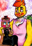 4_fingers anthro arm_tuft beak bent_arm bib black_bottomwear black_bow_tie black_clothing black_eyebrows black_eyelids black_pants black_top_hat black_topwear black_vest bottomwear bow_tie brown_body brown_fur button_(fastener) cheek_spots cheek_tuft clothed clothed_female clothing crossed_legs crossgender duo electronics eye_contact eyebrows eyelashes facial_tuft feather_hair feather_hands feathers female female_anthro fingers ftm_crossgender fully_clothed fully_clothed_female fur green_tail hair hand_on_shoulder holding_microphone holding_object larger_anthro larger_male light long_eyelashes looking_at_another male male/female male_anthro microphone mtf_crossgender multicolored_body multicolored_fur orange_beak outline pants pink_bottomwear pink_cheeks pink_clothing pink_eyes pink_shirt pink_tank_top pink_topwear pseudo_hair purple_outline red_background red_cheeks red_hair red_outline red_stripes shirt short_hair shoulder_tuft simple_background sitting size_difference smaller_anthro smaller_female smile smiling_at_another smiling_at_partner striped_dress_shirt stripes tail tail_feathers tan_body tan_fur tank_top text text_on_bib text_on_clothing topwear tuft vest whisker_spots white_bib white_dress_shirt yellow_body yellow_feathers cageyshick05_(artist) five_nights_at_freddy's five_nights_at_freddy's_2 scottgames chic_chic_(cageyshick05) frederick_(cageyshick05) toy_chica_(fnaf) toy_freddy_(fnaf) avian bear bird brown_bear chicken galliform gallus_(genus) mammal phasianid ursine 2016 artist_name colored colored_pencil_(artwork) english_description english_text lighting marker_(artwork) shaded traditional_media_(artwork)