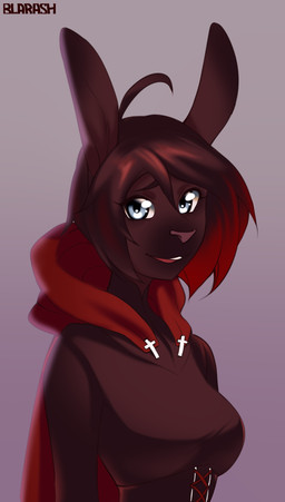 anthro blue_eyes breasts brown_body brown_fur clothed clothing coat cross female fur pointy_hair red_clothing red_coat red_topwear smile solo topwear blackrabbitshone rooster_teeth rwby ruby_rose lagomorph leporid mammal rabbit absurd_res hi_res