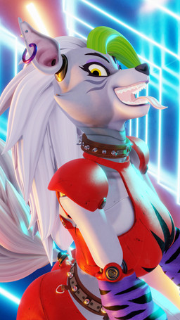 abstract_background anthro armwear bared_teeth breast_squeeze breasts clothing collar ear_piercing ear_ring ear_stud fangs female green_hair hair looking_at_viewer looking_down machine open_mouth pattern_armwear pattern_clothing piercing pose red_clothing ring_piercing solo spiked_collar spikes squeezing striped_armwear striped_clothing stripes teeth tongue tongue_out white_body white_hair fever-dreamer mayosplash_(modeler) five_nights_at_freddy's five_nights_at_freddy's:_security_breach scottgames steel_wool_studios roxanne_wolf animatronic canid canine canis mammal robot wolf 2023 3d_(artwork) 4k 9:16 absurd_res blender_(artwork) blender_cycles_(artwork) digital_media_(artwork) hi_res