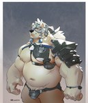 anthro armor belly biped black_nose bulge eyes_closed humanoid_hands male moobs navel nipples overweight overweight_male solo white_body jiandou bear mammal polar_bear ursine 2021 absurd_res hi_res