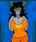 aged_up big_breasts black_hair blue_lips breasts cleavage clothed clothing eyewear fangs female glasses grey_body grey_skin hair horn huge_breasts lips looking_at_viewer not_furry orange_outfit smile solo teeth wide_hips wings yellow_sclera planetofjunk homestuck ms_paint_adventures vriska_serket alien alien_humanoid horned_humanoid humanoid troll_(homestuck) winged_humanoid