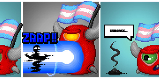 1_eye ashes bigotry death dialogue duo faceless_character faceless_male female feral flag green_eyes horn laser lgbt_pride male pride_colors red_body red_skin speech_bubble text transgender_pride_colors amaruq_wulfe bethesda_game_studios doom_(series) id_software microsoft cacodemon human mammal 2026 comic digital_media_(artwork) english_text hi_res pixel_(artwork)