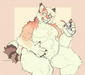 anthro belly blue_eyes border brown_claws claws container cup dipstick_ears dipstick_tail drinking_straw ear_markings fangs featureless_crotch fur glass glass_container glass_cup hair hand_on_belly holding_object inner_ear_fluff male markings milk moobs multicolored_body multicolored_ears multicolored_fur navel orange_body orange_fur orange_nose orange_pawpads orange_tongue overweight overweight_male pawpads sabertooth_(anatomy) simple_background sitting solo tail tail_markings tan_background tan_border tan_hair tan_inner_ear_fluff teeth tongue tongue_out tuft stardustkitchen sabertooth_feline hi_res