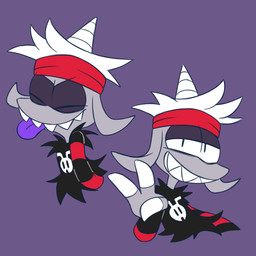 1_horn accessory anthro black_clothing black_eyes black_shirt black_topwear black_vest clothing eyes_closed fur grey_body grey_ears grey_fur hair half-closed_eyes headband horn looking_at_viewer male multicolored_clothing multicolored_shirt multicolored_topwear narrowed_eyes pose purple_background red_clothing red_headband red_shirt red_topwear sharp_teeth shirt simple_background smile solo teeth tongue tongue_out topwear two_tone_clothing two_tone_shirt two_tone_topwear two_tone_vest vest white_clothing white_hair white_horn white_topwear white_vest young young_anthro young_male 8-bit-britt corn_kidz_64 seve_(corn_kidz_64) bovid caprine goat mammal 1:1 2025 digital_media_(artwork) hi_res