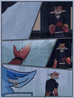 anthro athletic athletic_anthro athletic_male biped black_clothing black_shirt black_topwear blue_body blue_border blue_fur border bracelet clothing duo fur jewelry male orange_body orange_fur raining shirt spiked_bracelet spikes topwear jaybeyyy canid canine fox mammal 2024 3:4 comic hi_res