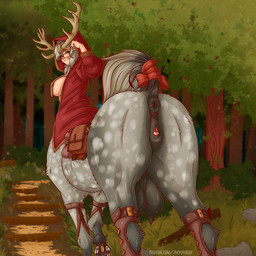 animal_genitalia animal_vulva antlers anus big_breasts bow_tie breasts breasts_and_teats clitoral_winking clitoris equine_anus equine_genitalia equine_vulva eyewear female forest fur genitals glasses grey_body grey_fur grey_hair hair hood hooves horn horseshoe looking_at_viewer looking_back markings plant presenting puffy_anus smile solo spots spotted_body teats tree udders vulva zuckergelee european_mythology greek_mythology mythology centaur equid equid_taur humanoid_taur mammal mammal_taur taur 1:1 2025 hi_res