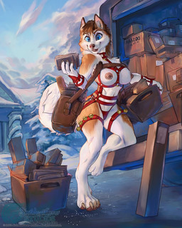 anthro bell blue_eyes brown_body brown_fur brown_hair cloud female fur hair harness mail mailbag nipples sky snow solo truck vehicle white_body white_fur avoid_posting sixthleafclover canid canine canis domestic_dog husky mammal nordic_sled_dog spitz