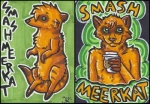 ambiguous_gender anthro beverage black_border border coffee feral food fur solo striped_body striped_fur stripes tail nightlinez smashmeerkat herpestid mammal meerkat 2012 character_badge_(artwork) marker_(artwork) multiple_images traditional_media_(artwork)