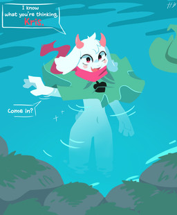 2_horns anthro biped blush blush_stickers bottomless bottomless_anthro bottomless_male clothed clothing cute_fangs detailed_background dialogue fangs featureless_crotch fluffy fluffy_tail fur horn inviting_viewer lake looking_at_another looking_at_viewer male male_anthro navel no_underwear open_mouth open_smile partially_submerged pink_horn pupils red_eyes red_pupils scarf scut_tail short_tail slit_pupils smile smiling_at_viewer solo sparkles speech_bubble swimming tail talking_to_another talking_to_viewer teeth text three-quarter_view water white_body white_fur hydrabb deltarune undertale_(series) ralsei bovid caprine darkner goat mammal 2026 digital_drawing_(artwork) digital_media_(artwork) english_description english_text hi_res korean_description portrait signature three-quarter_portrait