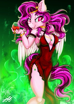 anthro anthrofied breasts choker cleavage clothed clothing colored_nails container cup dress drinking_glass evening_gown fangs female glass glass_container glass_cup green_background hair jewelry long_hair long_nails nails necklace plunging_neckline pupils purple_hair red_eyes red_nail_polish red_nails simple_background slit_pupils solo teeth wine_glass wings stainedglasslh hasbro mlp_g5 my_little_pony mythology pipp_petals_(mlp) equid equine mammal mythological_creature mythological_equine pegasus vampire 2021 hi_res
