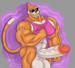 abs abstract_background anthro balls biceps big_balls big_biceps big_muscles big_pecs big_penis clothed clothing clothing_lift ear_piercing ear_ring erection eyewear genitals huge_balls huge_muscles huge_pecs huge_penis humanoid_genitalia humanoid_penis hyper hyper_balls hyper_biceps hyper_genitalia hyper_muscles hyper_penis male mostly_nude muscular muscular_anthro muscular_arms muscular_male nude pecs penis piercing ring_piercing shirt shirt_lift smile solo sunglasses tail tank_top topwear vein veiny_penis hehdgd bandai_namco digimon digimon_(species) etemon hi_res