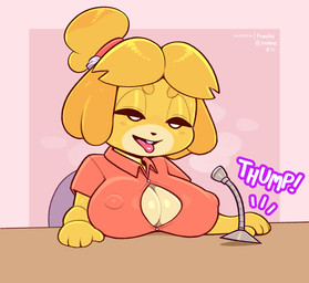 anthro big_breasts blonde_hair border breasts chair cleavage clothed clothing collared_shirt desk dress_shirt electronics female fur furniture hair half-closed_eyes looking_pleasured microphone narrowed_eyes nipple_outline onomatopoeia open_mouth open_smile pink_background pink_border purple_background shirt simple_background sitting smile solo sound_effects table text tongue tongue_out topwear yellow_body yellow_fur frumples animal_crossing nintendo isabelle_(animal_crossing) canid canine canis domestic_dog mammal shih_tzu toy_dog 2021 artist_name dated digital_drawing_(artwork) digital_media_(artwork) gynomorph_(lore)