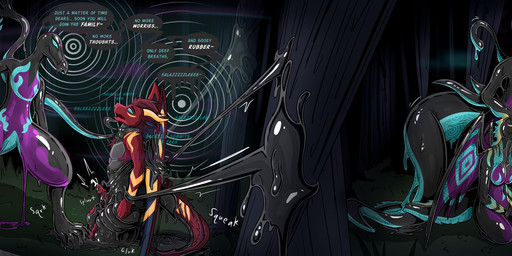 anthro bodily_fluids breasts cum dialogue drone dronification ejaculation forest forest_background genital_fluids goo_transformation group headpat hypnosis hypnotic_eyes hypnotic_visor latex latex_transformation male mind_control plant pokemon_speak restrained ringed_eyes submissive submissive_male tendrils text transformation transformation_sequence tree trio riggedreded capcom monster_hunter mythology nintendo pokemon nayatideusdraco von_(jsdk) diablos_(mh) dragon flying_wyvern generation_7_pokemon goo_creature mythological_creature mythological_scalie pokemon_(species) salazzle scalie 2026 absurd_res english_text hi_res
