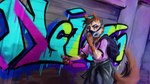 anthro clothed clothing female fully_clothed gas_mask graffiti graffiti_on_wall looking_at_viewer mask paint_can painterly painting_on_wall red_eyes solo sydney_onmars lexi_(drawlexia) canid canine canis domestic_dog mammal 16:9 4k absurd_res hi_res painting_(artwork) traditional_media_(artwork) widescreen