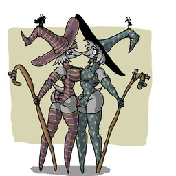 anthro arm_around_waist armwear big_bulge breast_squish breasts breasts_frottage bulge bulge_frottage butt clothed clothing duo elbow_gloves eye_contact facing_each_other female female/female gloves grey_body grey_hair grey_tail gynomorph gynomorph/gynomorph hair hand_on_back handwear hat headgear headwear holding_object holding_staff intersex intersex/intersex leotard looking_at_another magic_user medium_hair multicolored_clothing nervous nervous_smile nose_to_nose pattern_clothing short_tail simple_background skimpy small_waist smug_grin squish staff standing star_pattern striped_clothing stripes tail two_tone_clothing witch witch_hat zhmernalt familiar steamfalish_witch 1:1 hi_res