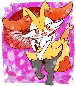 ambiguous_anthro ambiguous_gender anthro biped blush blush_stickers border cherry_blossom cute_fangs digitigrade dipstick_tail fangs flower food front_view looking_at_viewer markings object_in_tail on_one_leg open_mouth open_smile parasol pink_background plant prunus_(flower) shrimp_(food) simple_background smile solo standing tail tail_markings teeth white_border annyui0611 nintendo pokemon braixen canid generation_6_pokemon mammal pokemon_(species) 2023 digital_drawing_(artwork) digital_media_(artwork) full-length_portrait hi_res japanese_description portrait translated_description