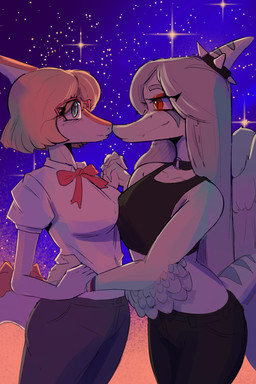 amber_eyes anthro anthro_on_anthro biped black_bottomwear black_clothing black_crop_top black_pants black_shirt black_topwear blonde_hair blue_body bone_frill bottomwear bow_tie breasts canon_couple choker clothed clothed_anthro clothed_female clothing collar collared_shirt cosmic_background crop_top dress_shirt duo elbow_feathers eye_contact feathered_wings feathers female female/female fingers frill_(anatomy) green_eyes grey_body grey_bottomwear grey_clothing grey_feathers grey_hair grey_pants hair hand_on_hip humanoid_hands interspecies jewelry long_hair looking_at_another markings medium_breasts medium_hair necklace night non-mammal_breasts orange_body outside pants red_bow_tie romantic romantic_couple shirt short_tail sky spiked_collar spiked_tail spikes spikes_(anatomy) standing star starry_background starry_sky striped_markings stripes tail text topwear white_body white_clothing white_shirt white_topwear wings wrist_grab theumslayer goodbye_volcano_high ko_op_(game_developer) fang_(gvh) naomi_(gvh) dinosaur hadrosaurid ornithischian ornithopod parasaurolophus prehistoric_species pterosaur reptile scalie artist_name colored hi_res shaded nonbinary_(lore)