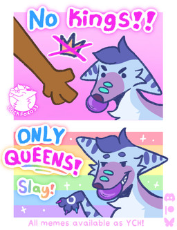 blue_body blue_fur crown dialogue fur headgear humor lgbt_pride male painted_claws pink_background pride_colors protest protest_art rainbow_flag rainbow_pride_flag rainbow_symbol shitpost silly simple_background sparkles speech_bubble text conditional_dnp luckfoxo33 no_take_only_throw tolng canid canine fox mammal comic english_text hi_res meme